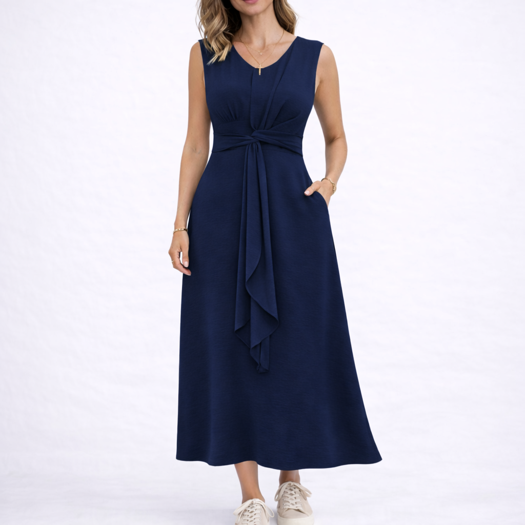 Marit | Mouwloze midi jurk met striktaille - Marineblauw