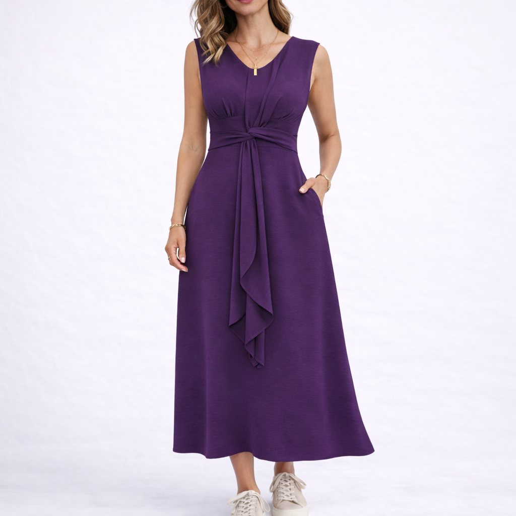 Marit | Mouwloze midi jurk met striktaille - Paars