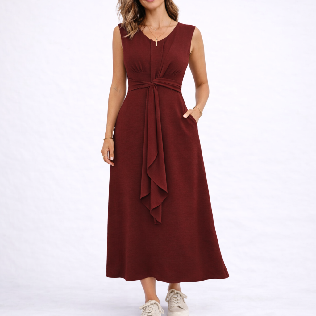 Marit | Mouwloze midi jurk met striktaille - Rood