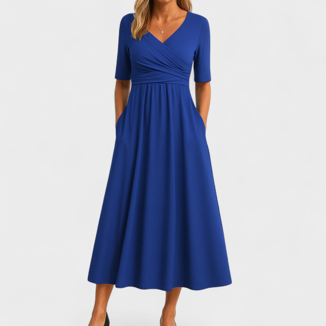 Martine | Midi jurk met V-hals en korte mouw - Blauw