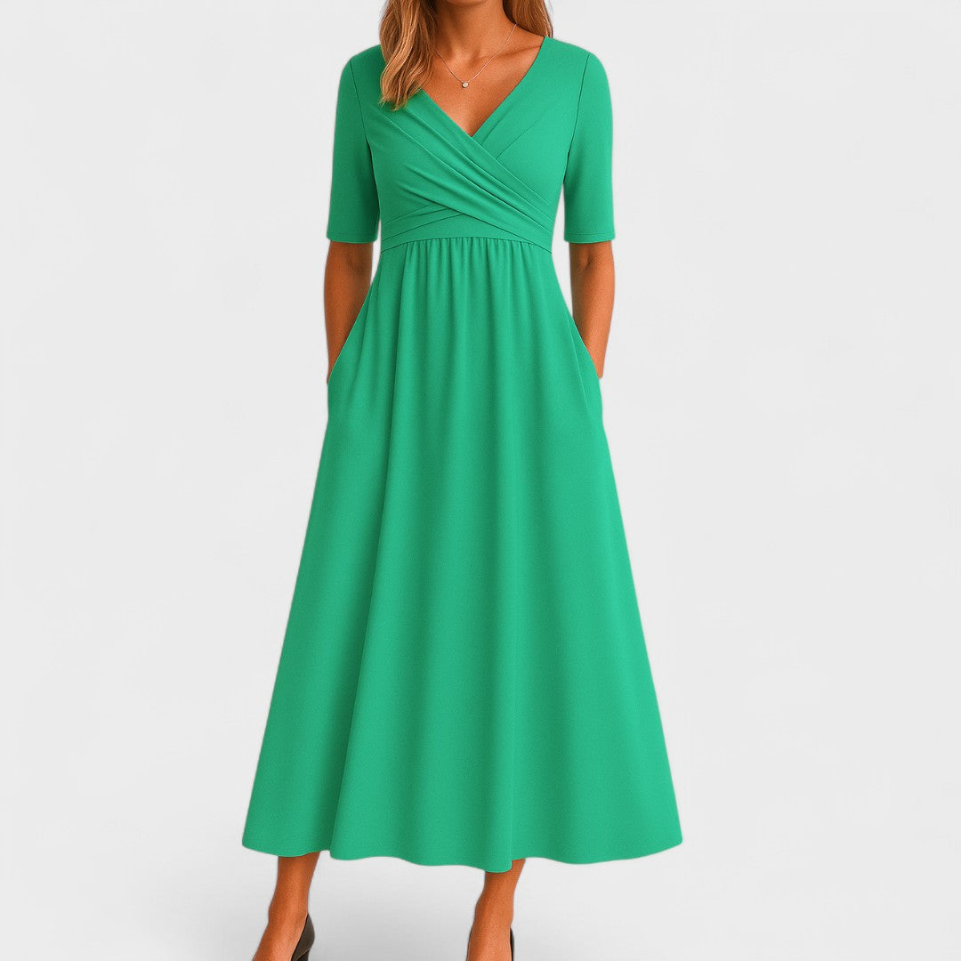 Martine | Midi jurk met V-hals en korte mouw - Groen