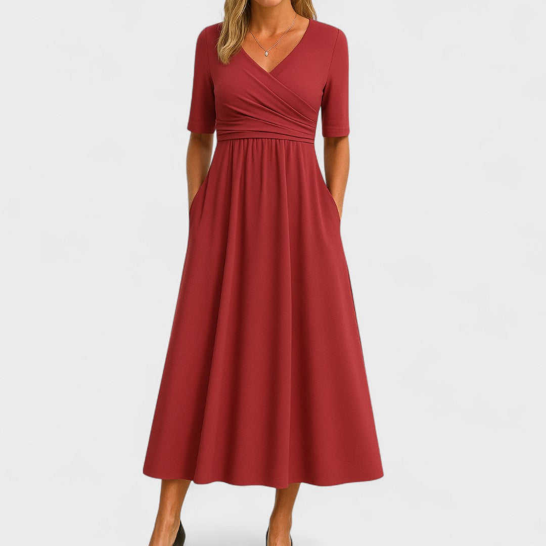 Martine | Midi jurk met V-hals en korte mouw - Rood