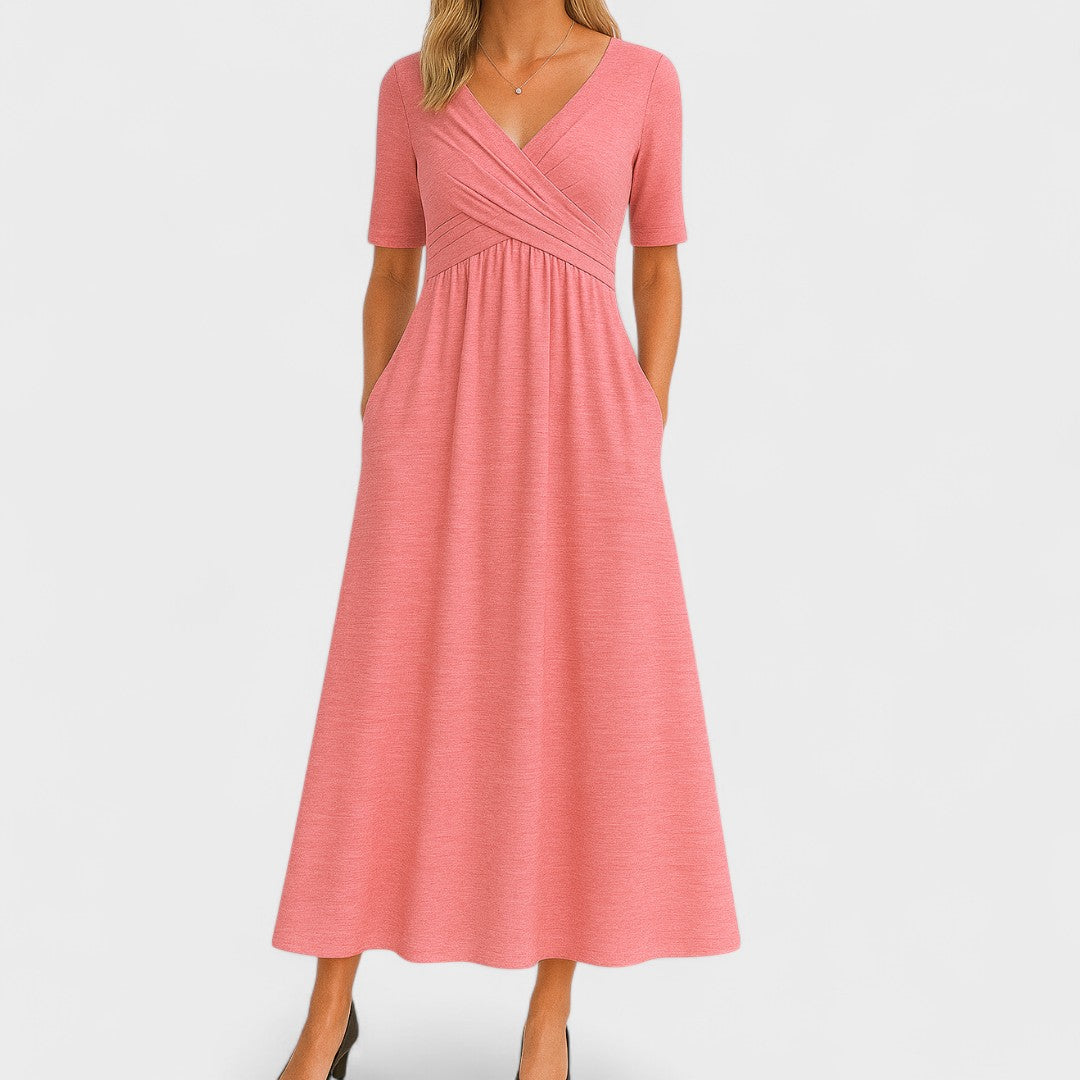 Martine | Midi jurk met V-hals en korte mouw - Roze