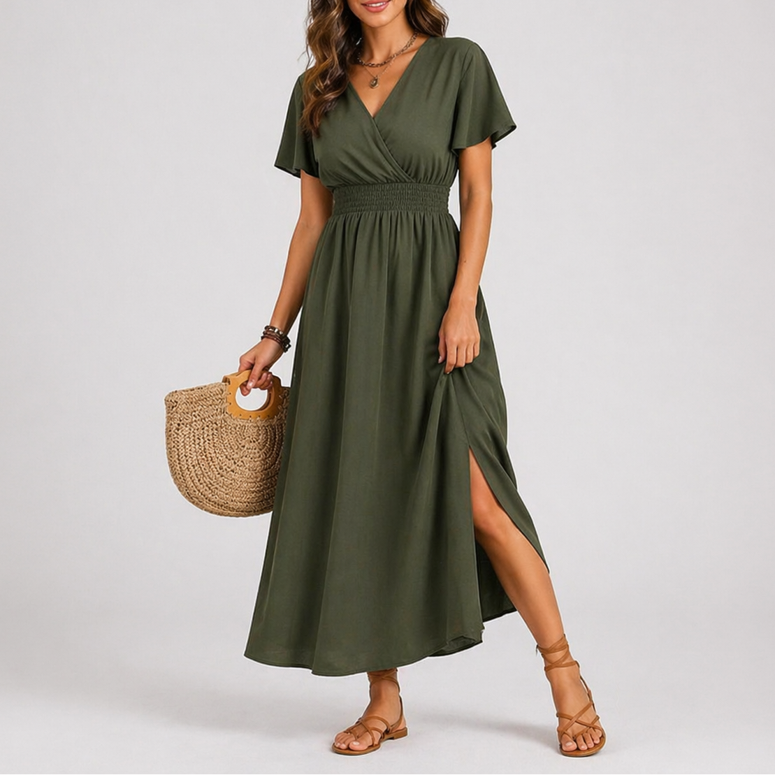 Maud | Overslag maxi jurk voor dames - Olijfgroen