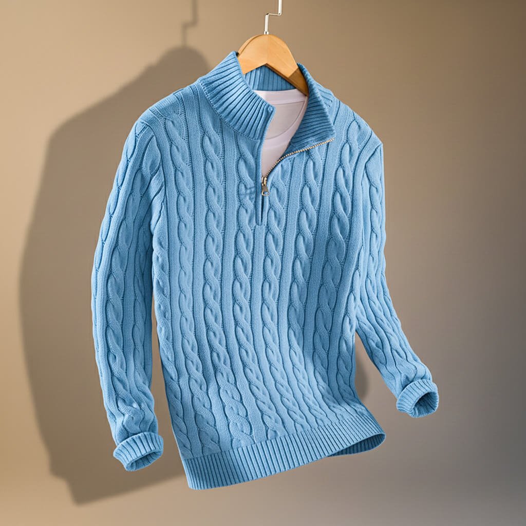 Maurits | Kabeltrui met rits voor heren - Babyblauw