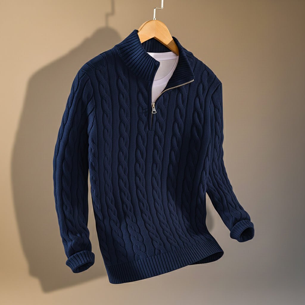 Maurits | Kabeltrui met rits voor heren - Marineblauw