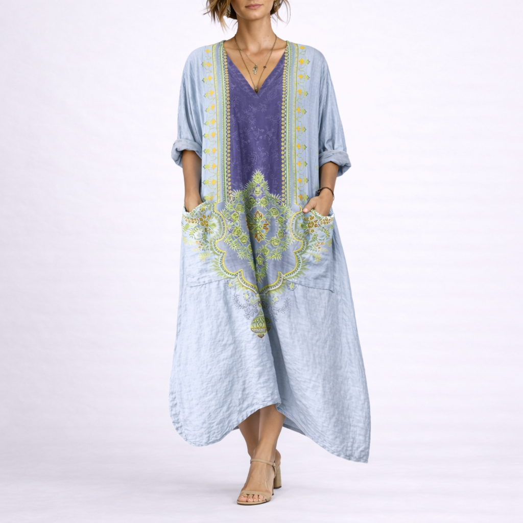 Merel | Boho kaftan maxi jurk met bloemen - Blauw & Paars