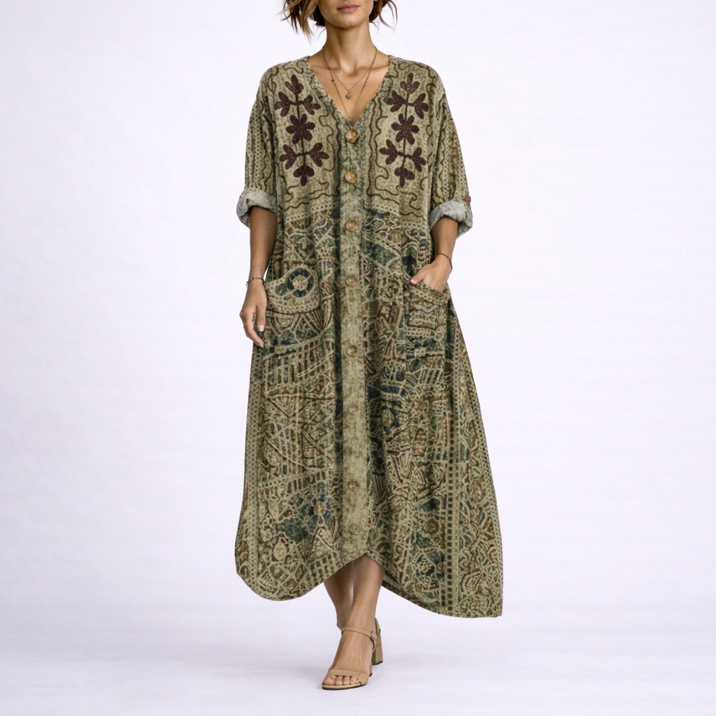 Merel | Boho kaftan maxi jurk met bloemen - Groen