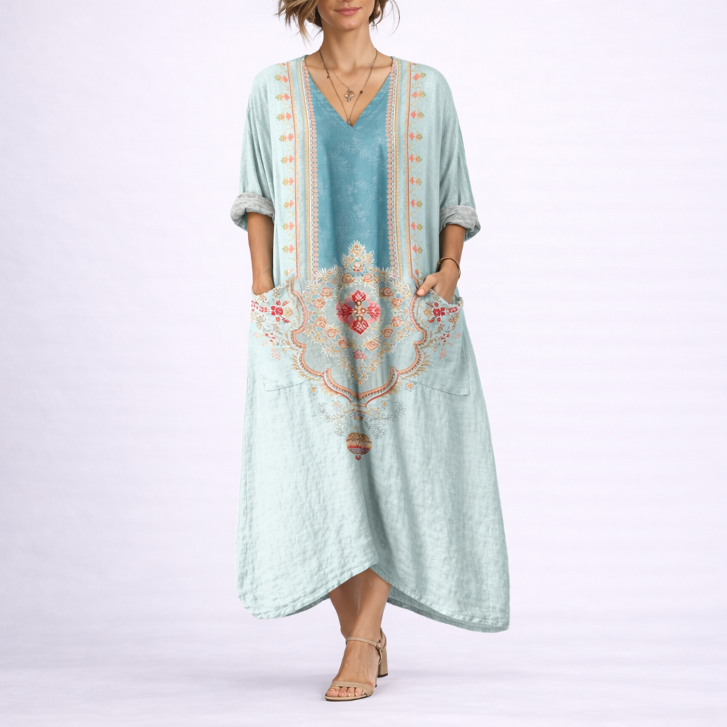 Merel | Boho kaftan maxi jurk met bloemen - Groen & Blauw