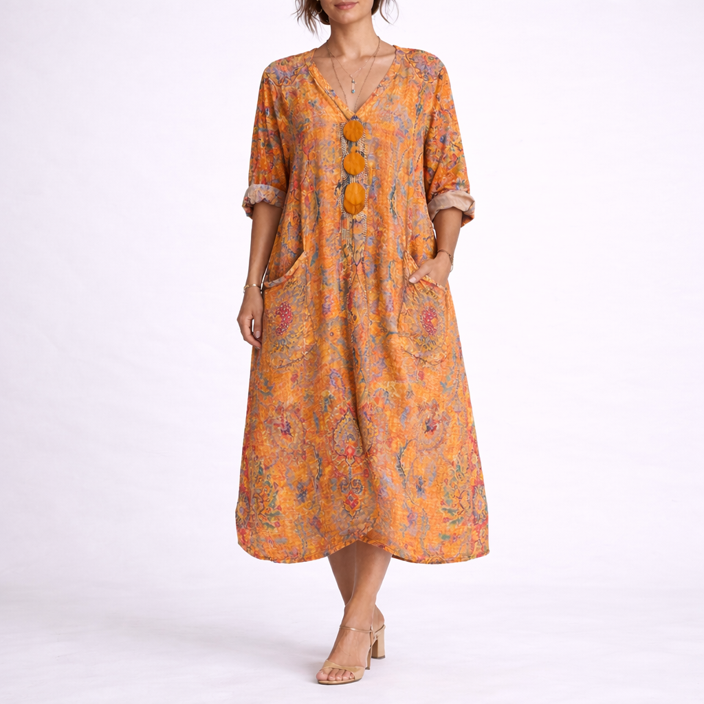 Merel | Boho kaftan maxi jurk met bloemen - Oranje