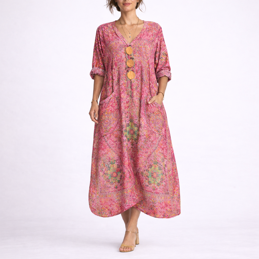 Merel | Boho kaftan maxi jurk met bloemen - Rood