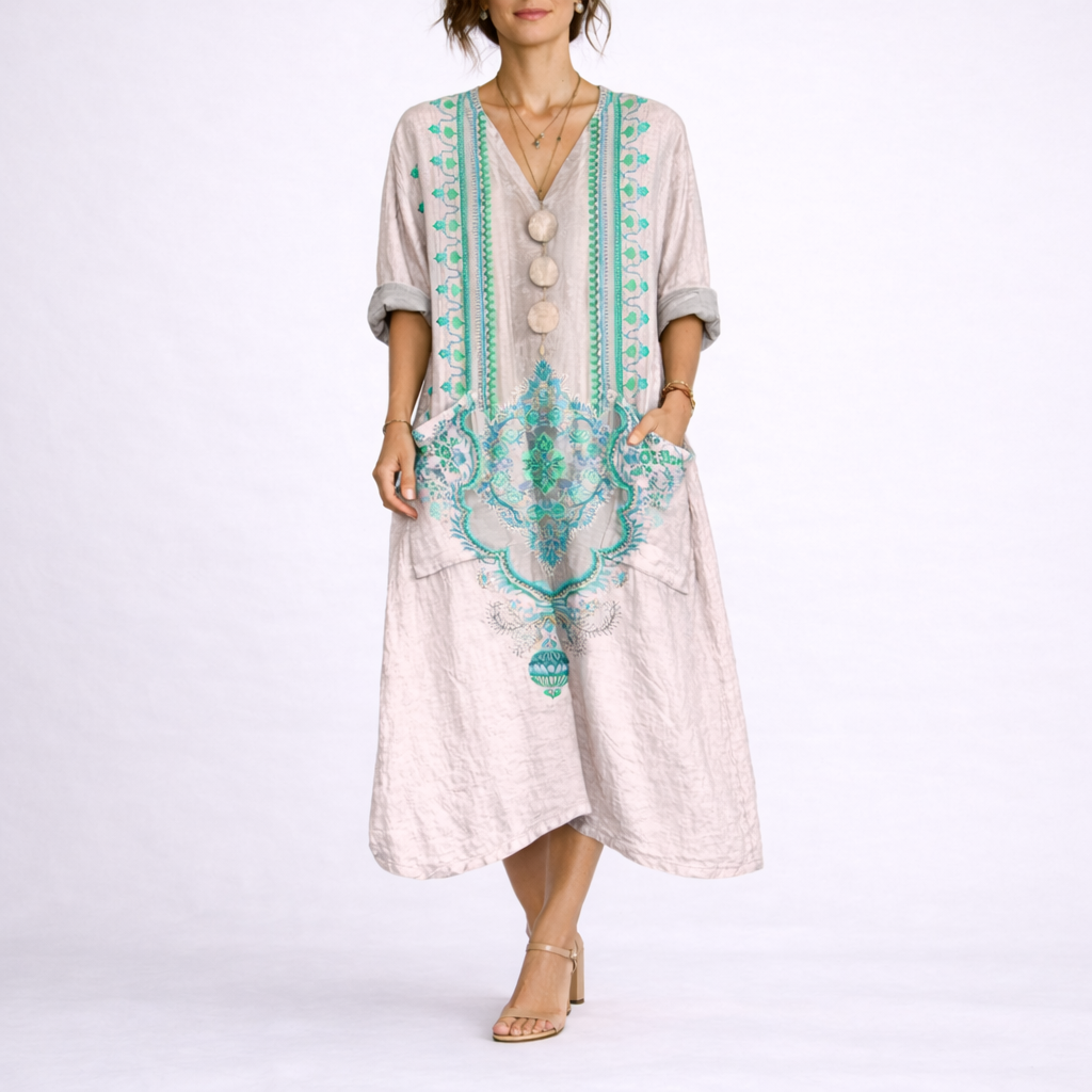 Merel | Boho kaftan maxi jurk met bloemen - Roze & Groen