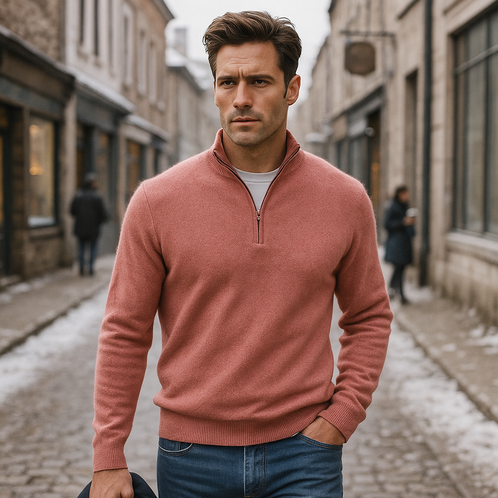 Mika | Herentrui van kasjmiermix met halve rits, terracotta - Lichtroze