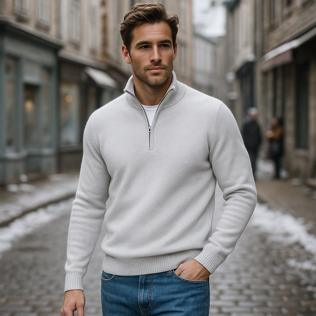 Mika | Herentrui van kasjmiermix met halve rits, terracotta - Wit