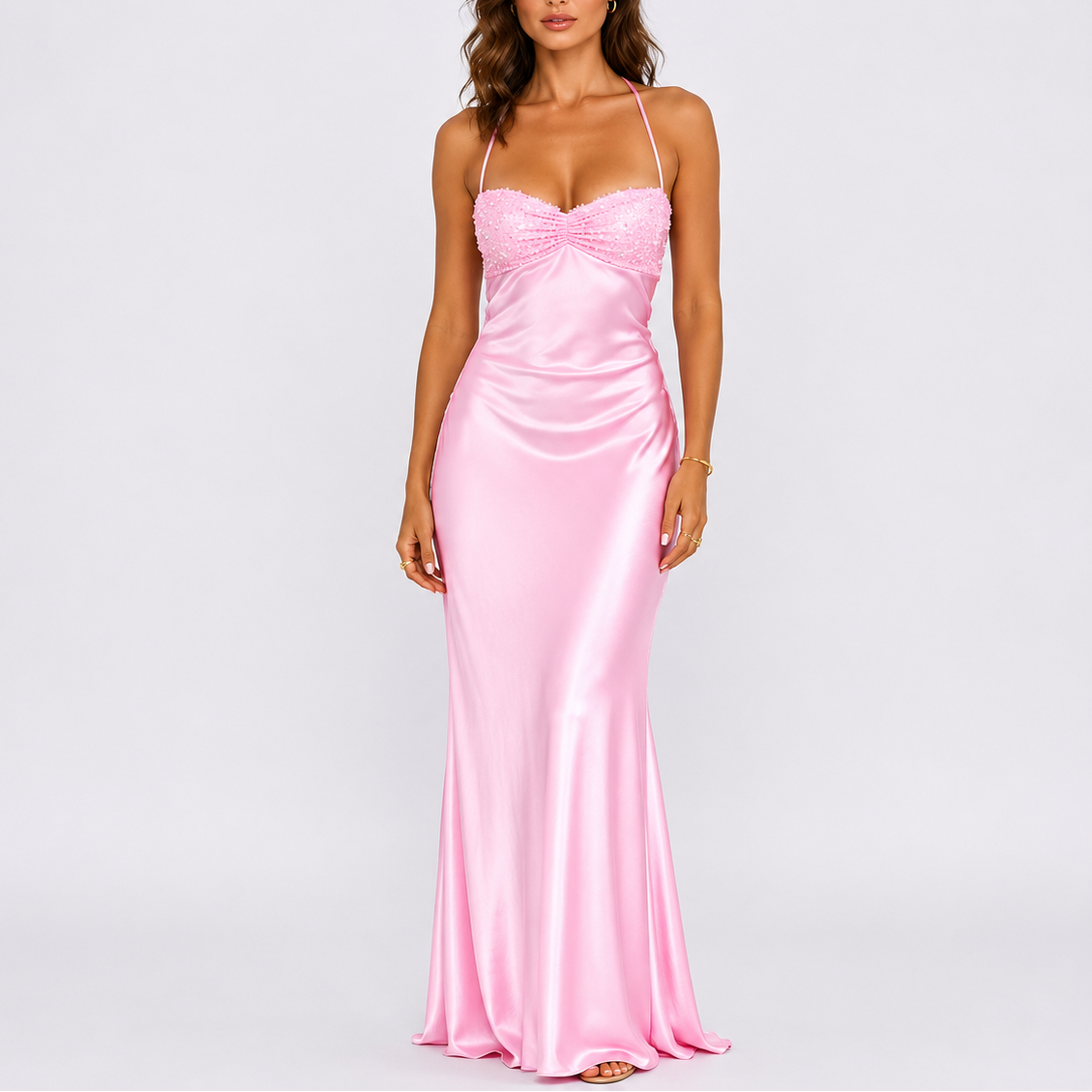 Milou | Satijnen maxi jurk voor dames - Roze