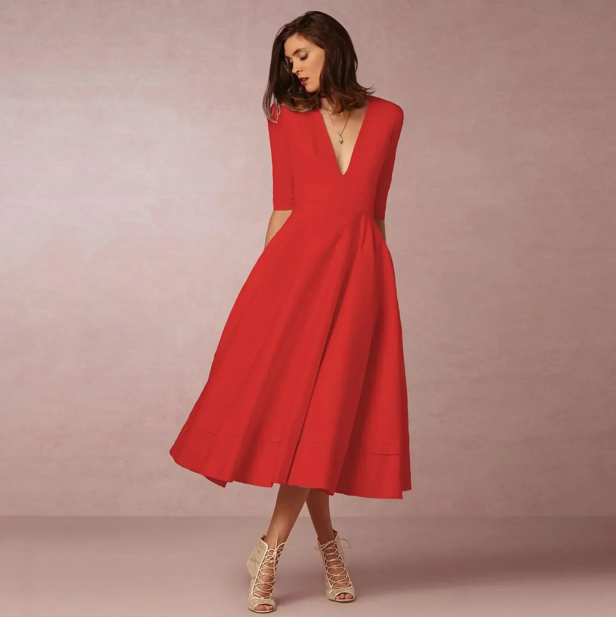 Mirjam | Midi jurk dames met V-hals - Rood