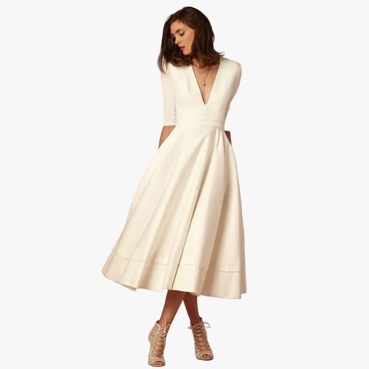 Mirjam | Midi jurk dames met V-hals - Wit