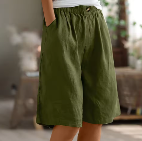 Naomi | Wijde korte broek voor dames van katoenmix - Legergroen
