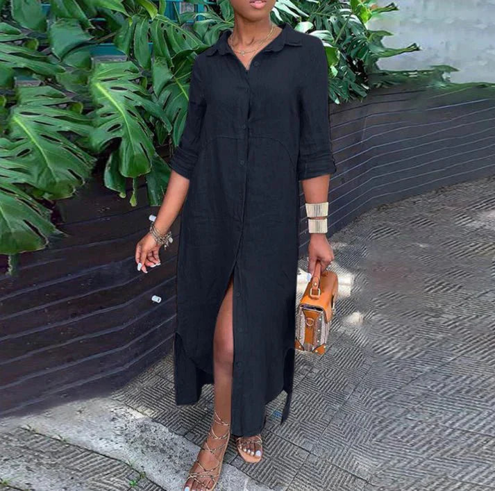 Charlotte Jurk - Casual Linnen Button-Down Lange Overhemdjurk