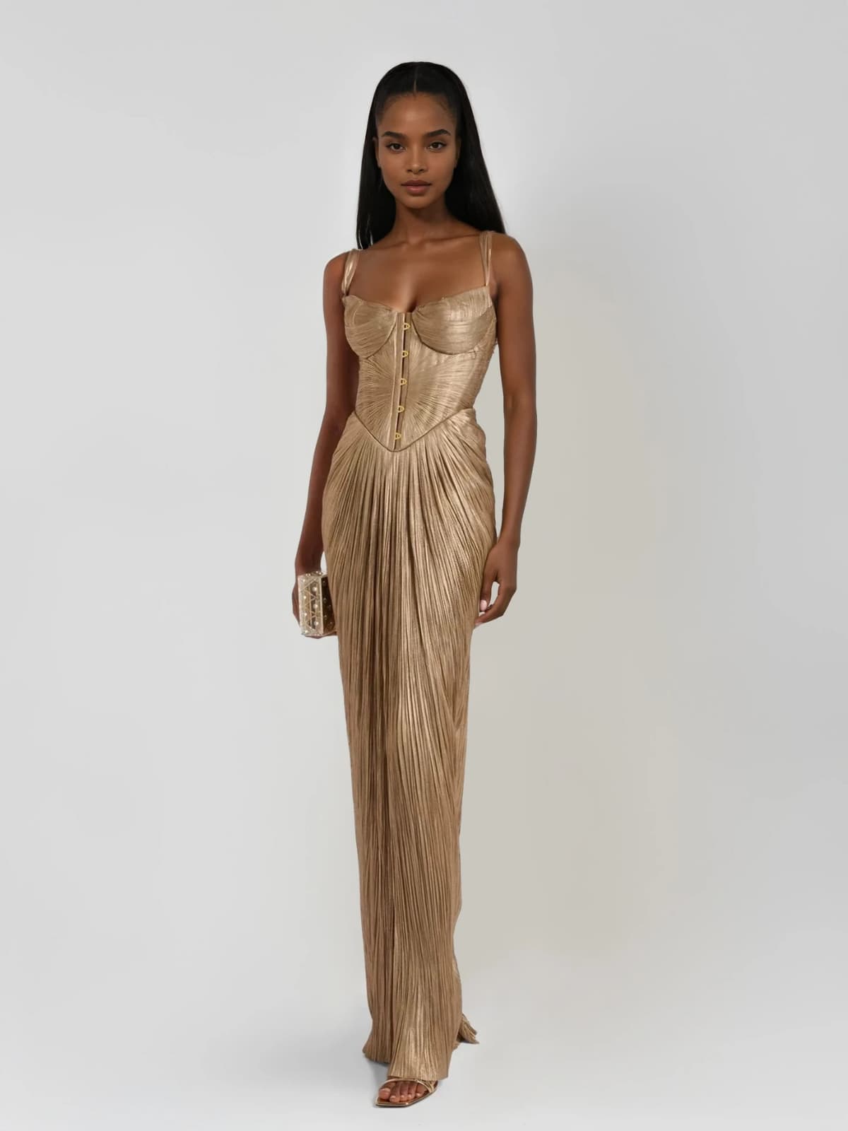 Nikki | Geplisseerde maxi-galajurk met corset, goud - view 1