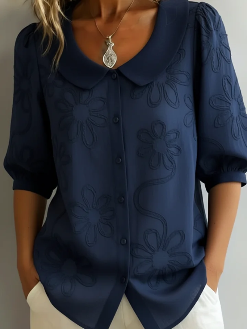 Nina | Blouse met bloemen en kraag voor dames - Marineblauw
