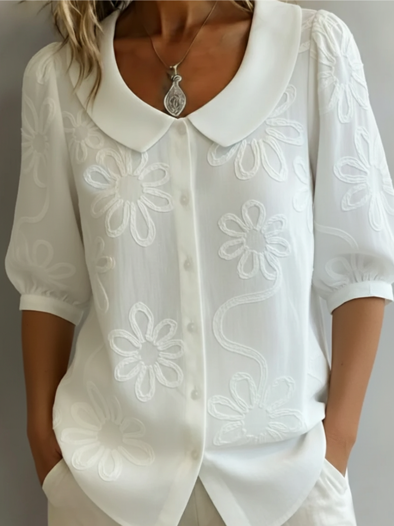 Nina | Blouse met bloemen en kraag voor dames - Wit