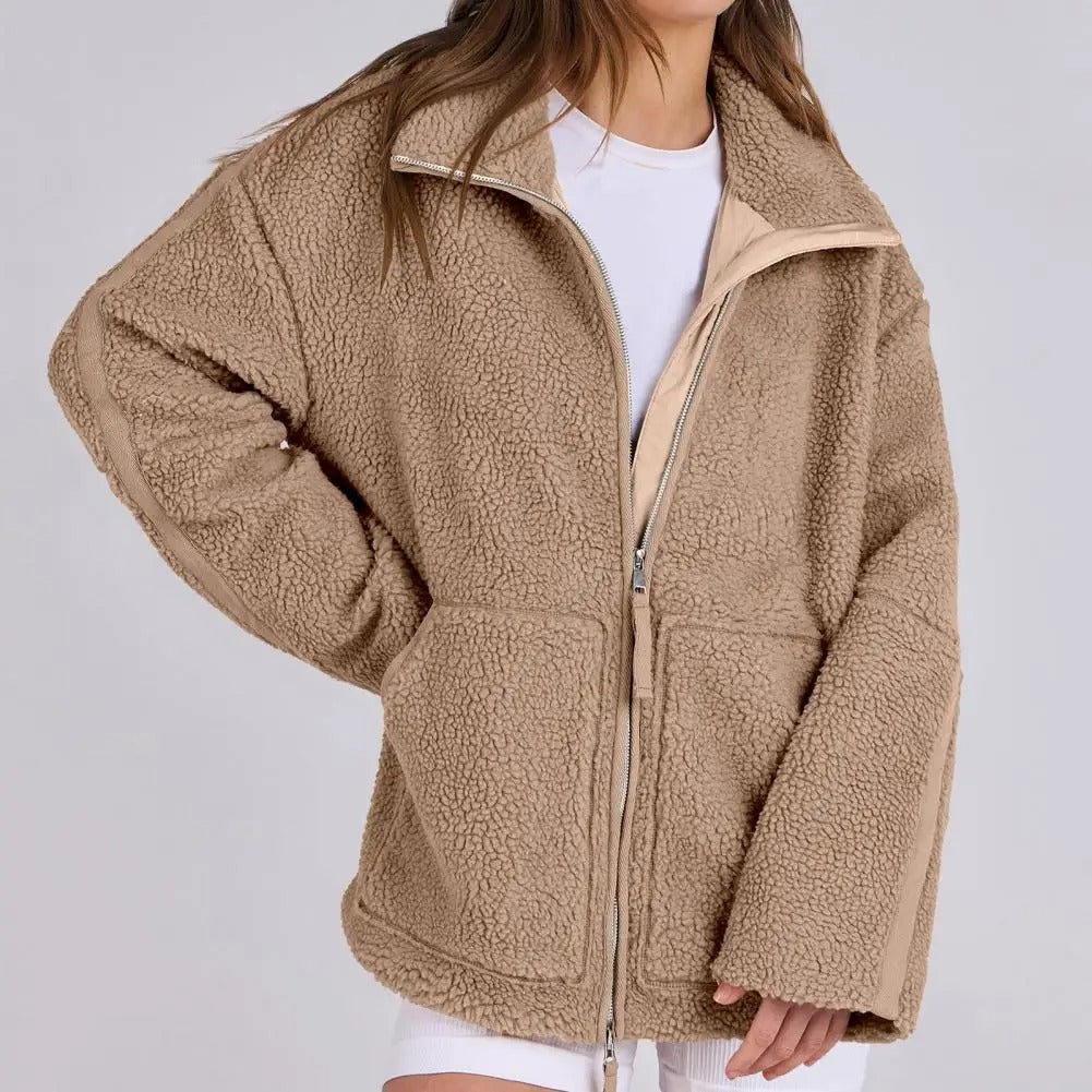 Noor | Oversized teddy jas voor dames - Lichtbruin