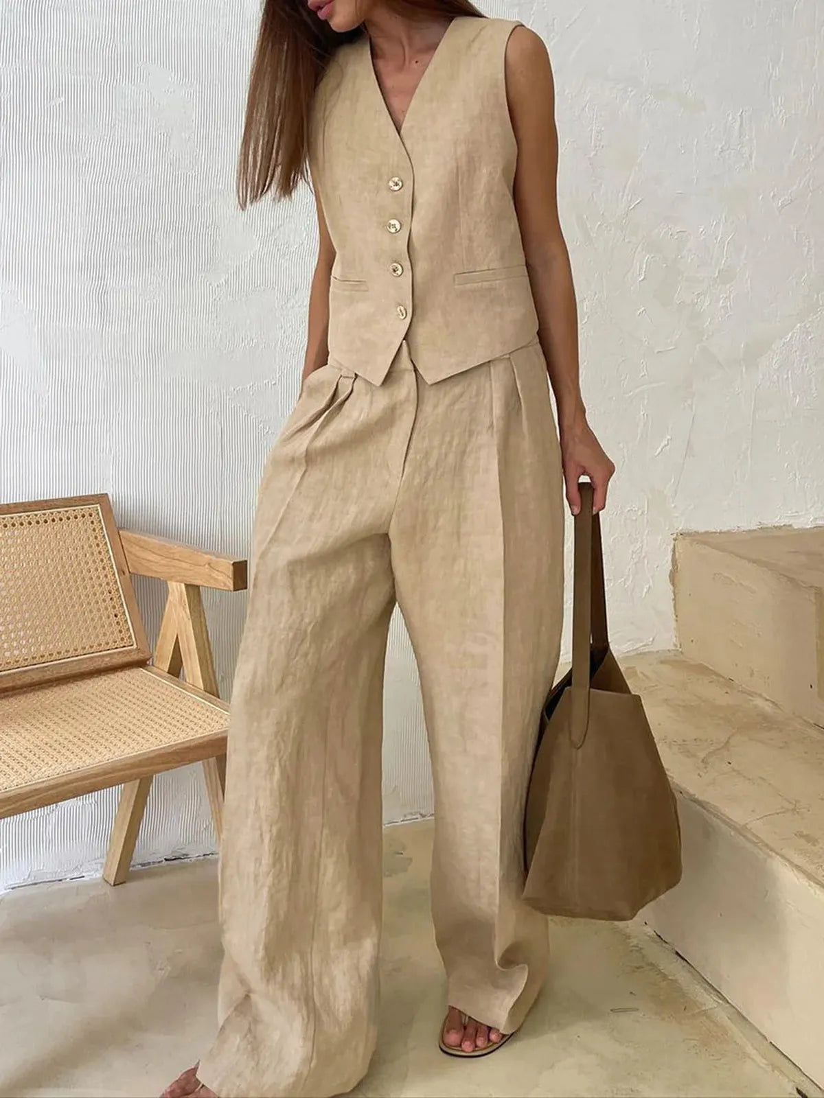 Nynke | Tweedelig broekpak met gilet voor dames - Beige