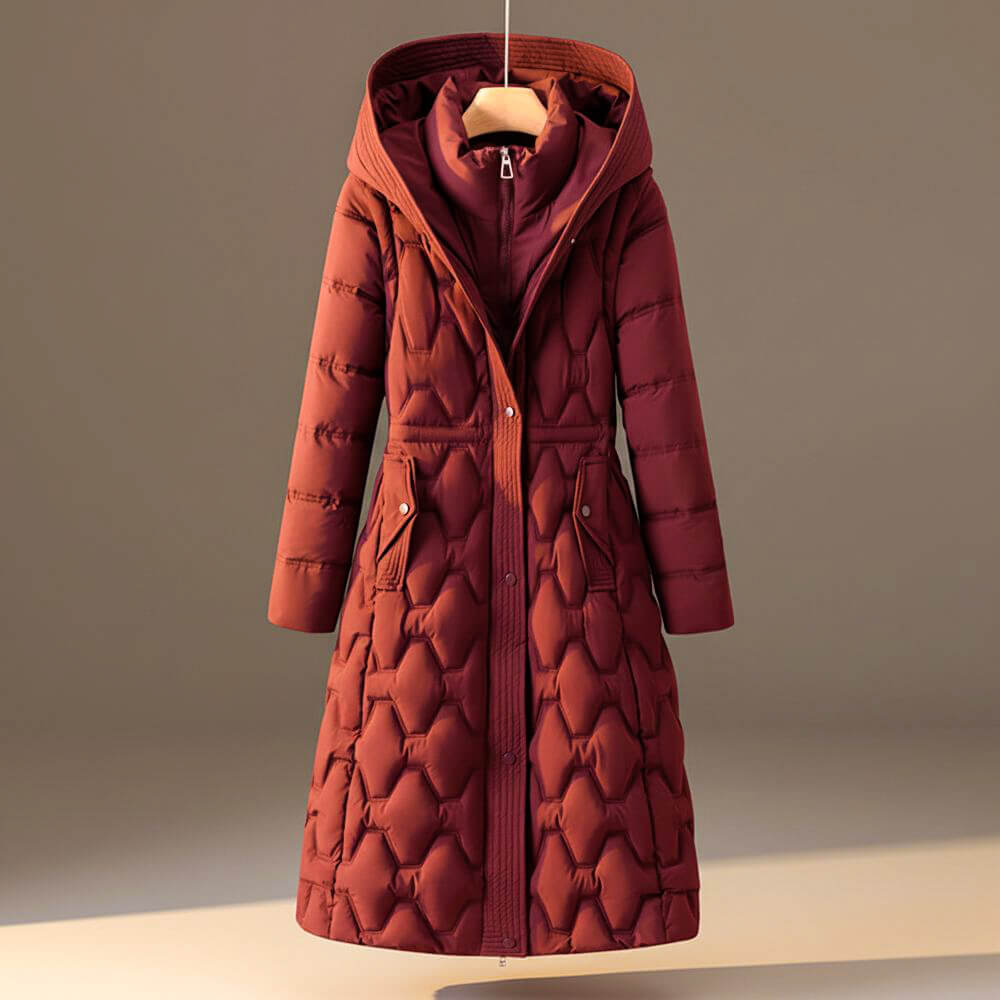 Puck | Lange gewatteerde winterjas met capuchon voor dames - Rozerood