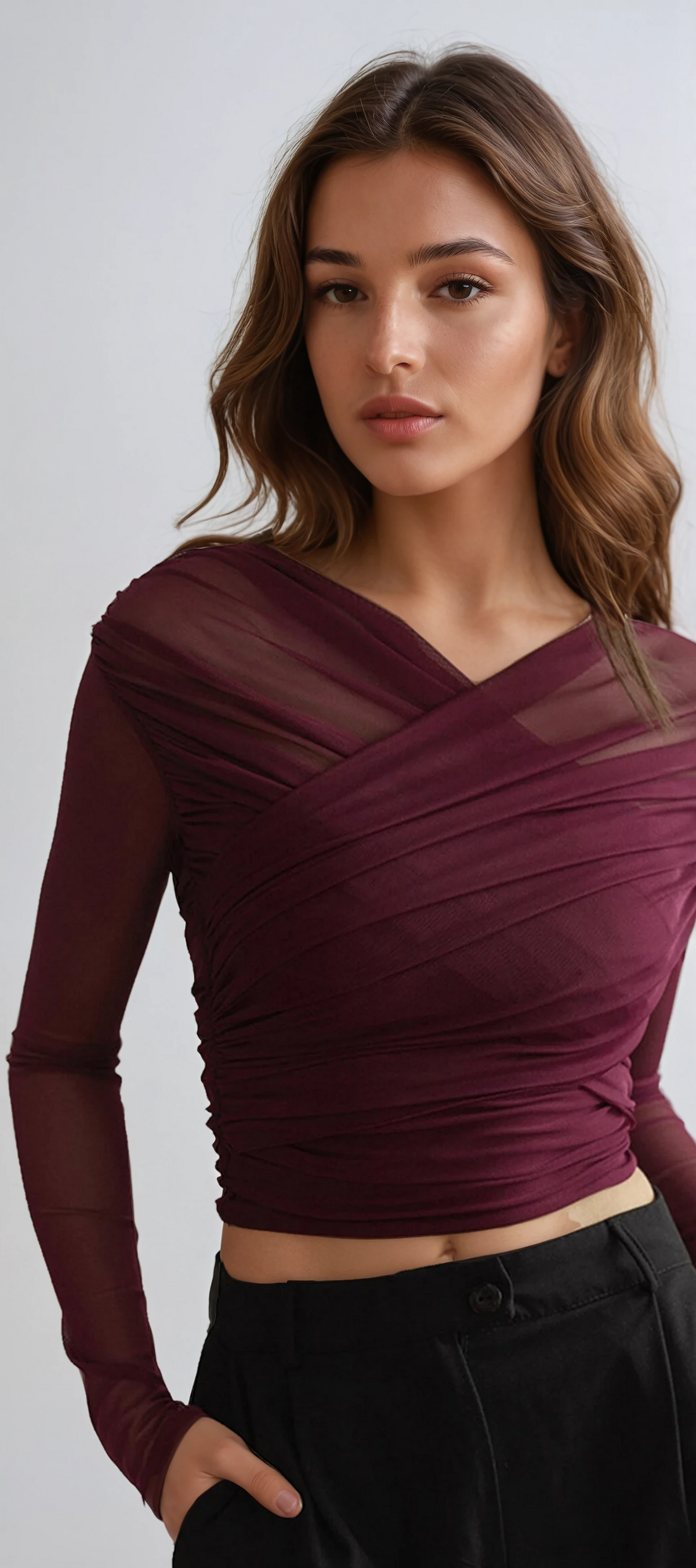 Puck | Mesh crop top voor dames met lange mouwen, wijnrood - foto 3
