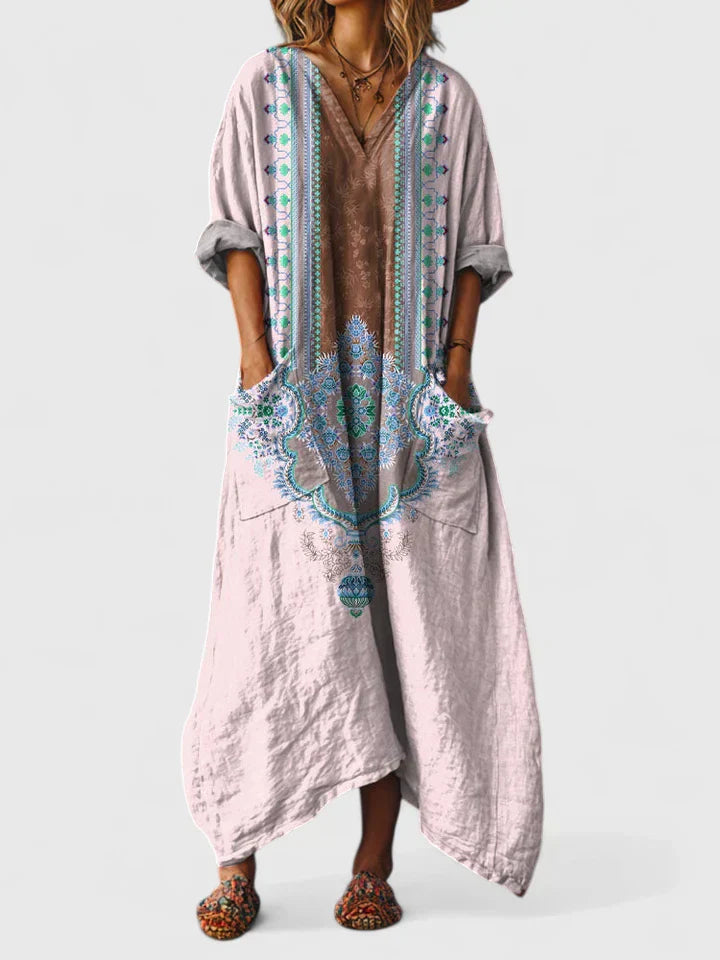 Rosa | Boho maxi jurk met zakken - Roze Groen