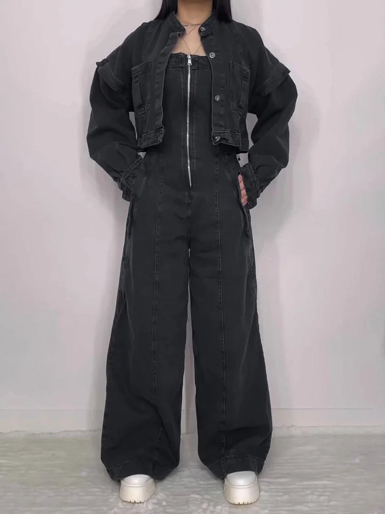 Rosa | Tweedelige denim set voor dames - Zwart