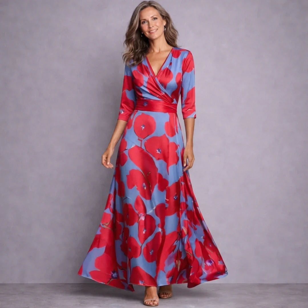 Rosalie | Maxi jurk met V-hals en driekwart mouw - Rood/Blauw