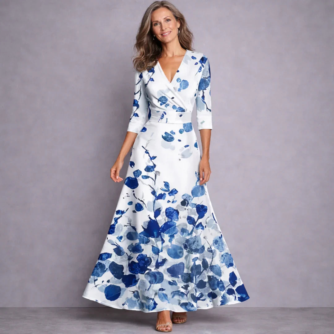 Rosalie | Maxi jurk met V-hals en driekwart mouw - Wit/Blauw