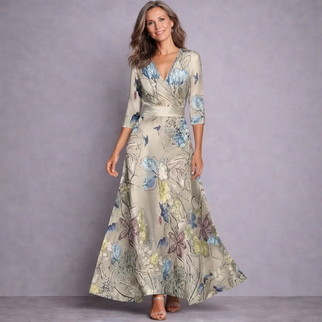 Rosalie | Maxi jurk met V-hals en driekwart mouw - Zand/Beige