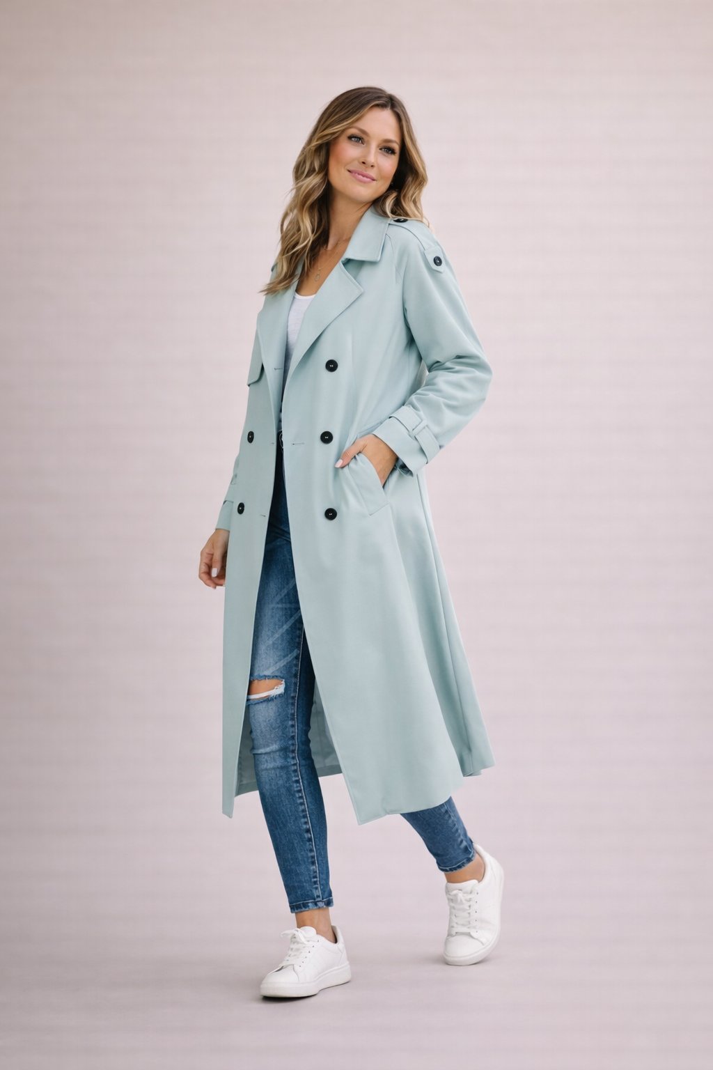 Saar | Trenchcoat dames dubbelrijig met ceintuur - Lichtblauw