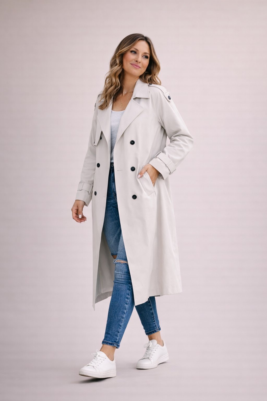 Saar | Trenchcoat dames dubbelrijig met ceintuur - Wit