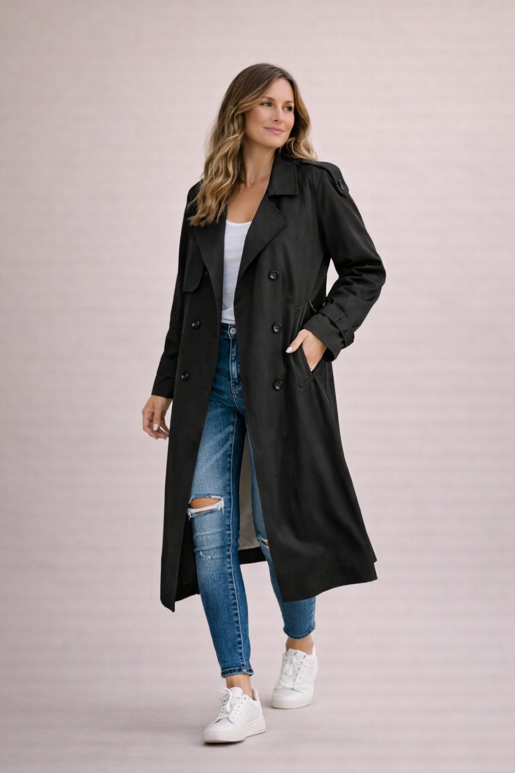Saar | Trenchcoat dames dubbelrijig met ceintuur - Zwart