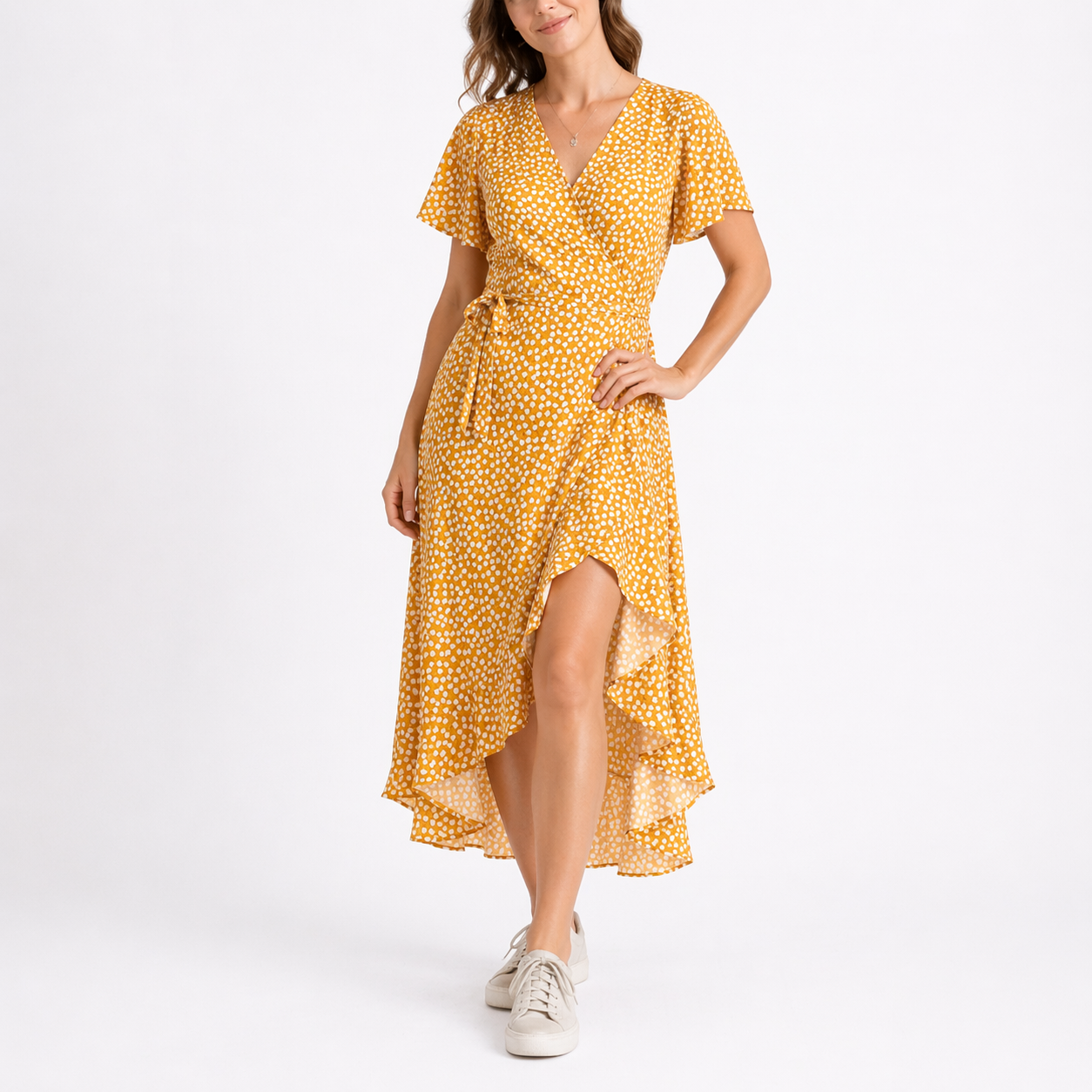 Sara | Zomerjurk dames met V-hals en bloemen - Geel