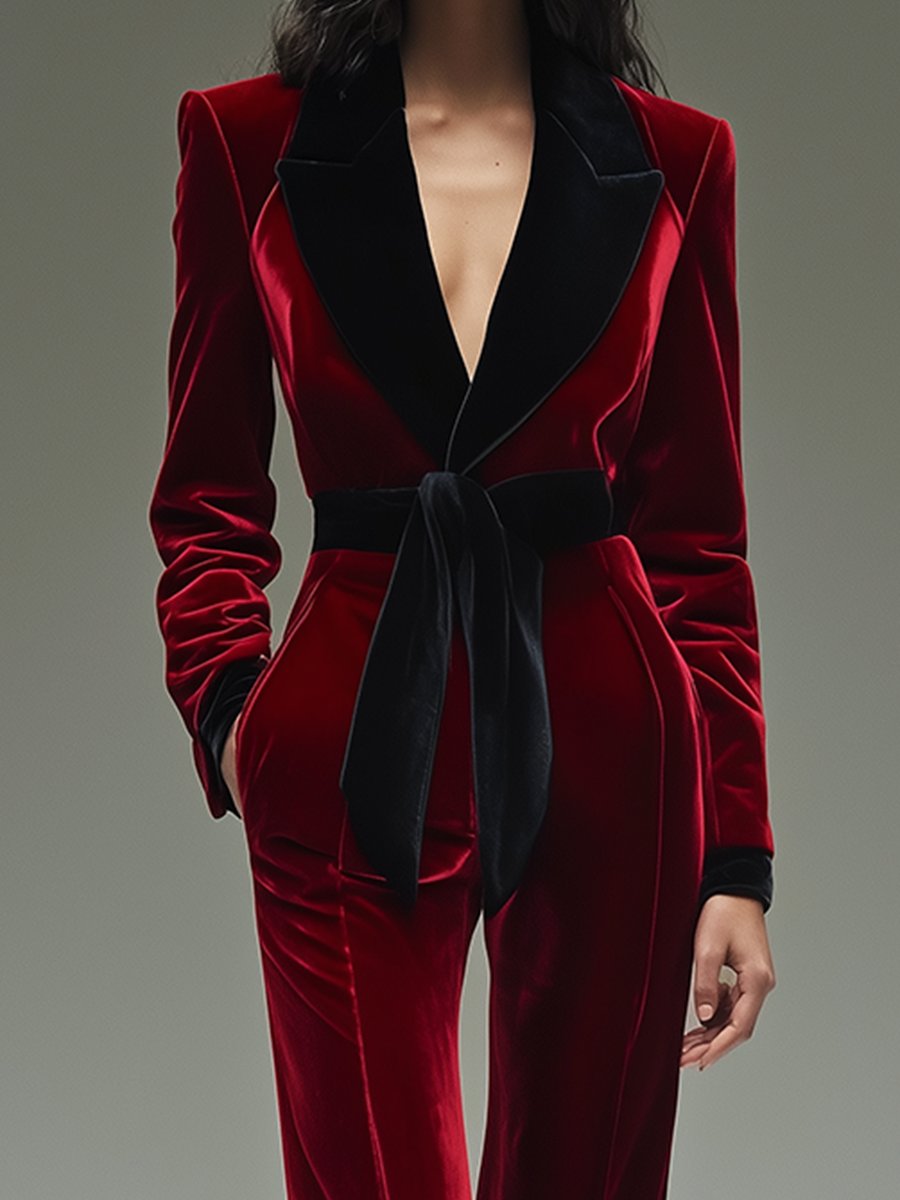 Saskia | Fluwelen jumpsuit met revers en ceintuur - view 2