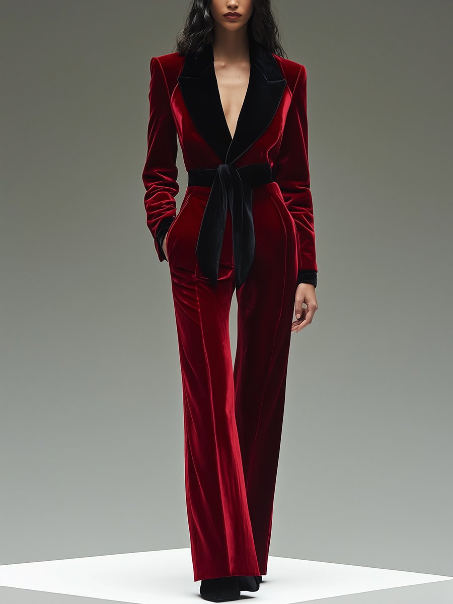 Saskia | Fluwelen jumpsuit met revers en ceintuur - Rood