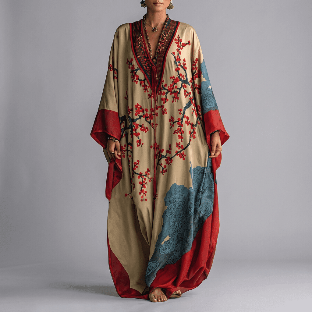Silke | Maxi jurk met vleermuismouwen en bloemenprint - Beige