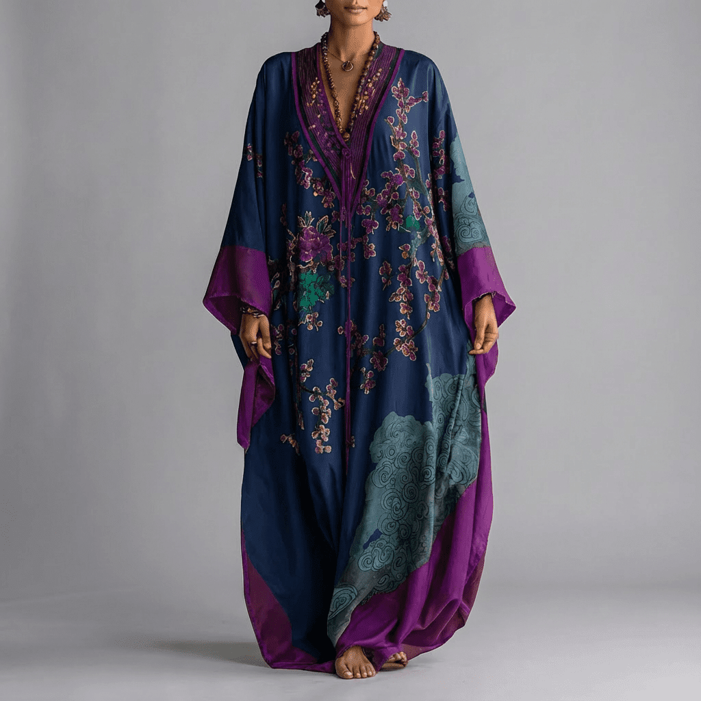 Silke | Maxi jurk met vleermuismouwen en bloemenprint - Blauw