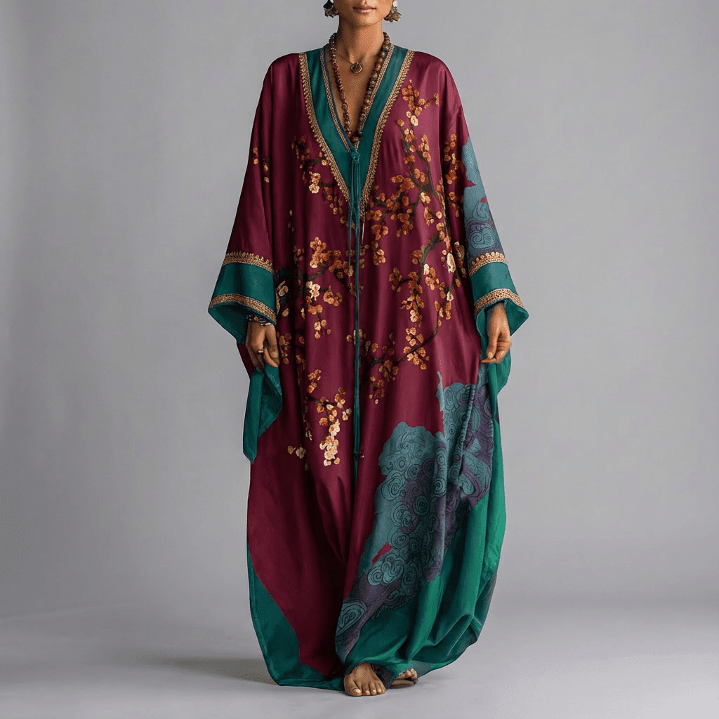 Silke | Maxi jurk met vleermuismouwen en bloemenprint - Bordeauxrood