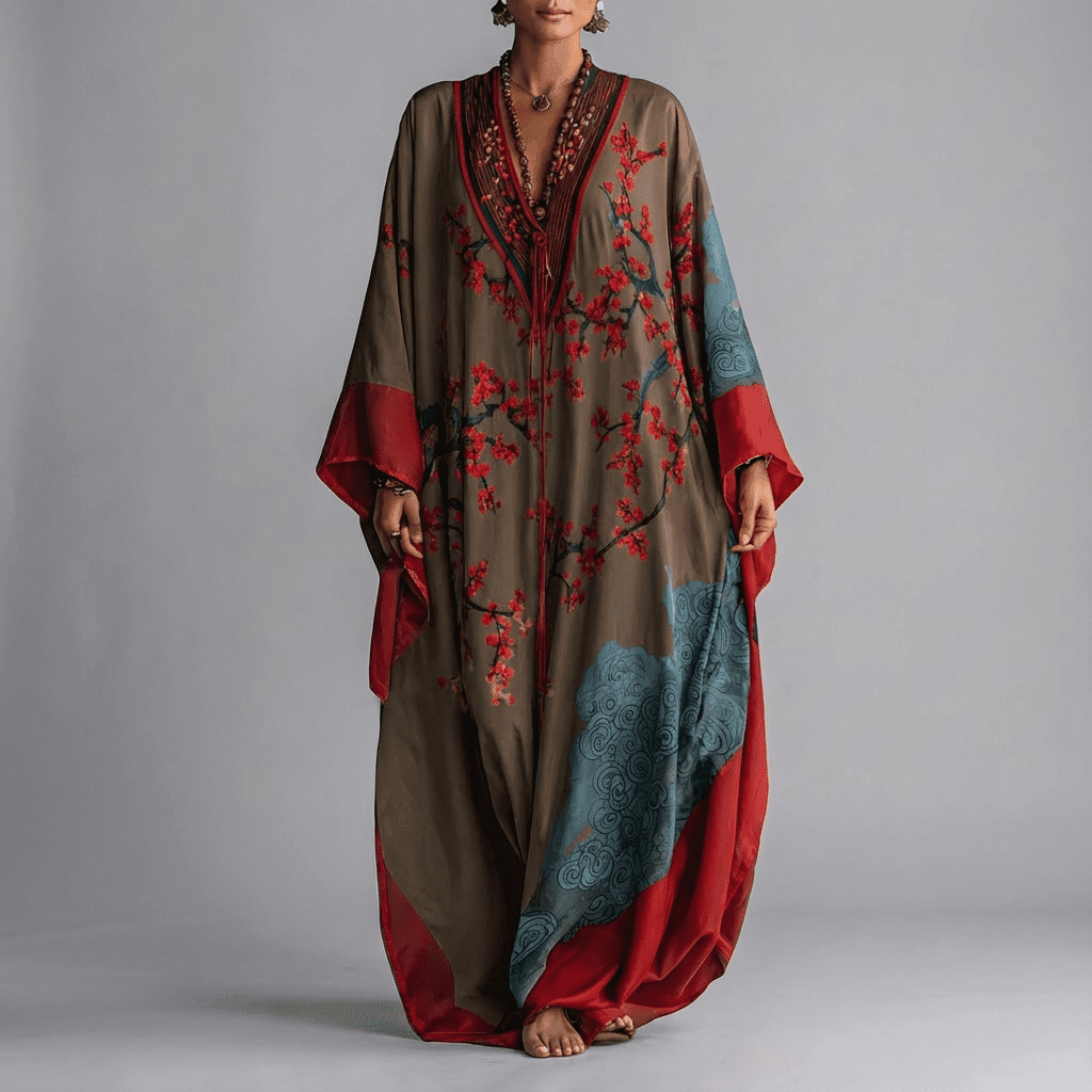 Silke | Maxi jurk met vleermuismouwen en bloemenprint - Bruin