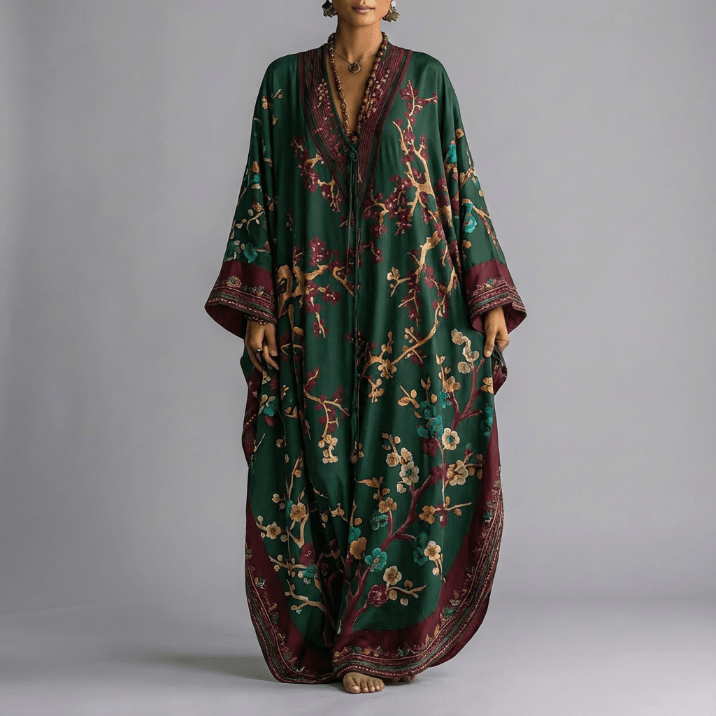 Silke | Maxi jurk met vleermuismouwen en bloemenprint - Groen