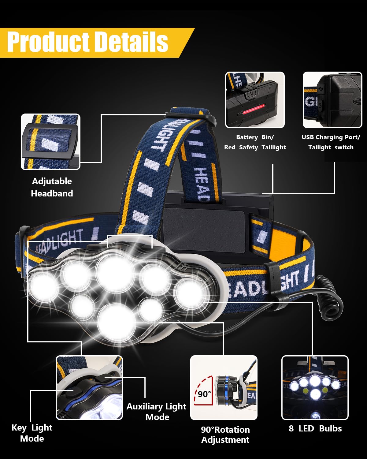 Sjors | Oplaadbare LED-hoofdlamp met 8 leds - view 2