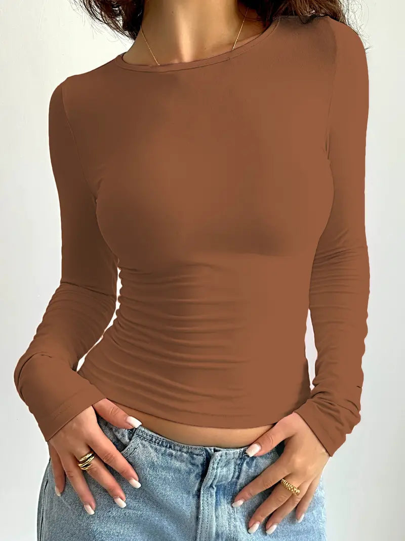 Sofie | Getailleerde longsleeve voor dames in pastelroze - Lichtbruin