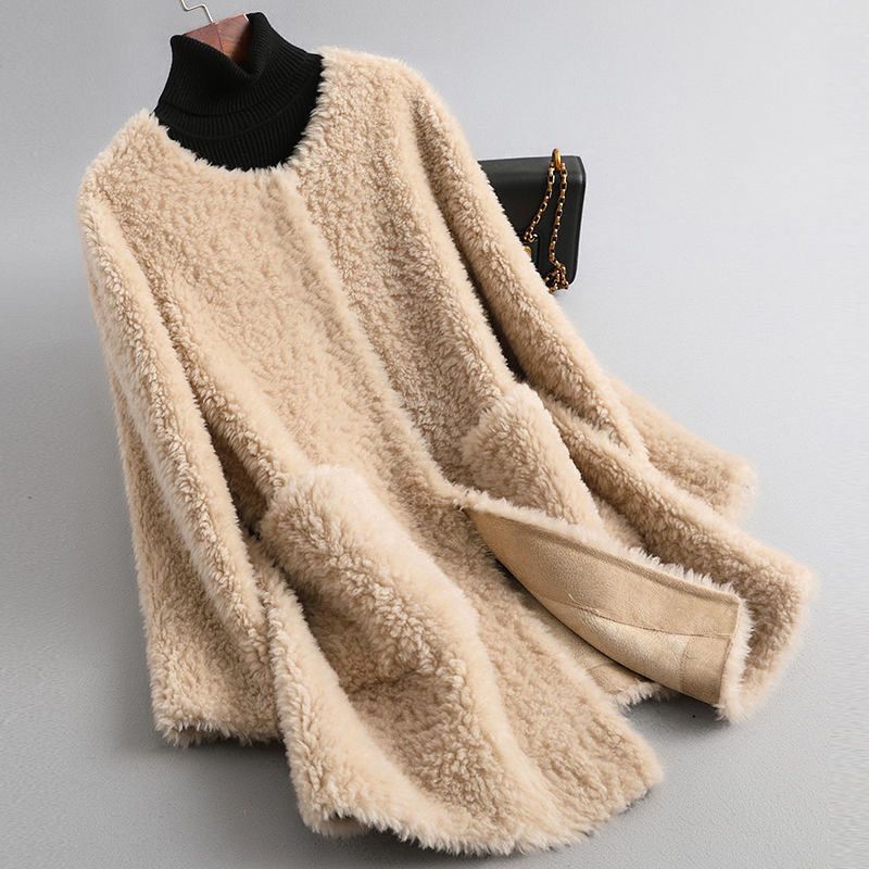 Sterre | Lange teddy jas voor dames - Kakibruin Beige