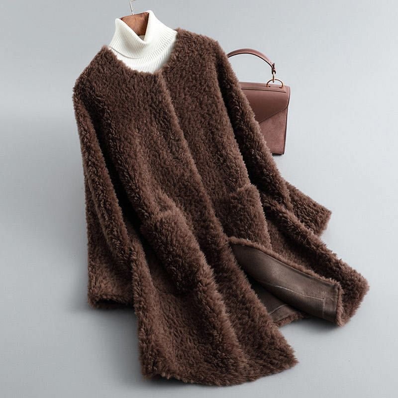 Sterre | Lange teddy jas voor dames - Mochabruin